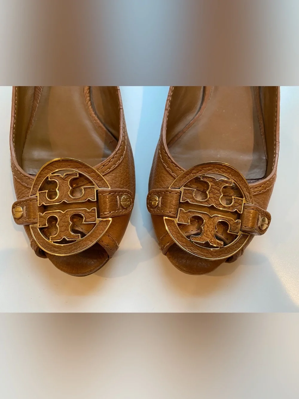 Tory Burch Brown Leather Peep-Toe low wedge with gold logo